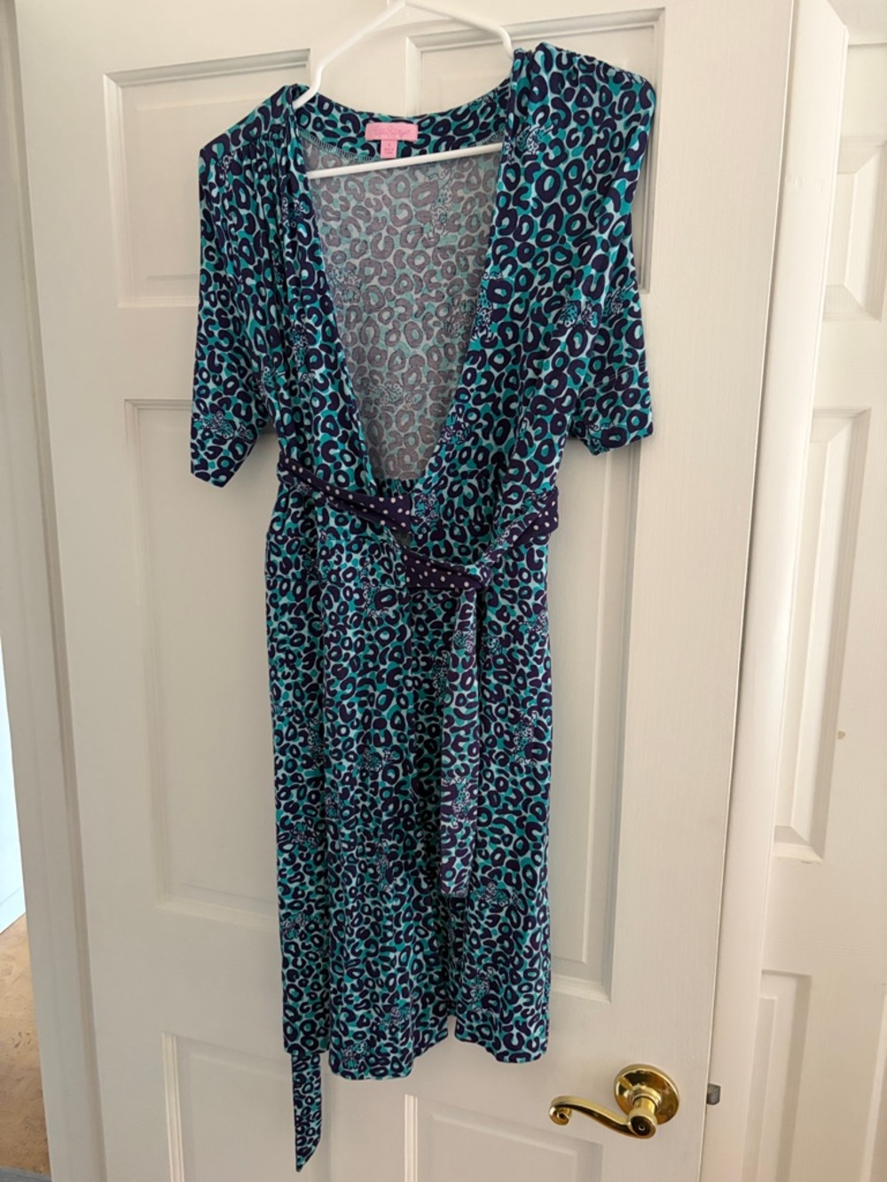 Lilly Pulitzer Teal & Navy Leopard Print Wrap Midi Dress size sm